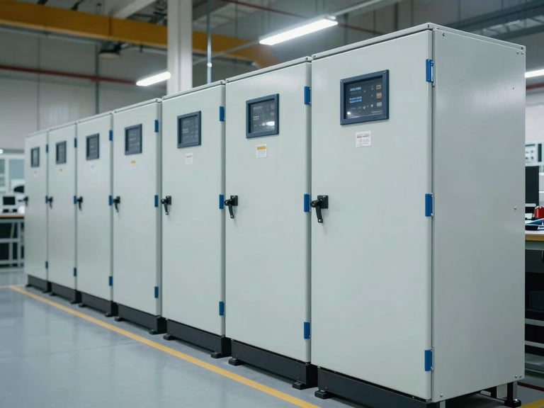 Wide-angle shot of completed electrical panels lined up in a clean, high-tech factory workshop, technical blue accents, sharp focus