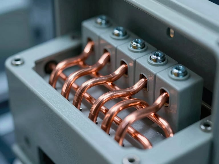 Macro shot of precise copper busbars inside an electrical panel enclosure, clean geometric alignment of bolts and terminal blocks, cool technical blue lighting, sharp depth of field.