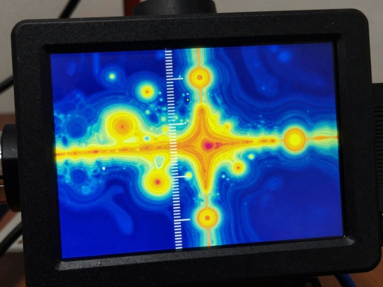 Thermal imaging camera screen displaying high-contrast heat distribution of electrical contacts, showing hot spots in yellow and cool areas in deep blue, precise temperature scale visible