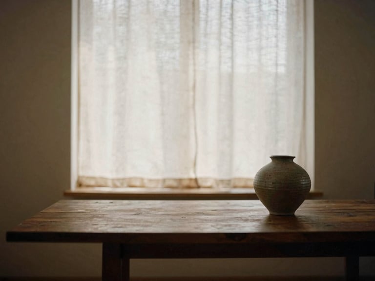 Warm editorial photography of a minimalist architectural office interior, soft daylight through a linen curtain, a single textured ceramic vase on a dark wood table, 35mm film feel.