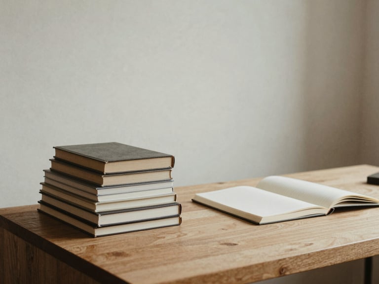 Minimalist study room with a stack of textured books and an open notebook on a clean oak desk, soft indirect north-facing daylight, muted earth tones, 35mm film feel.