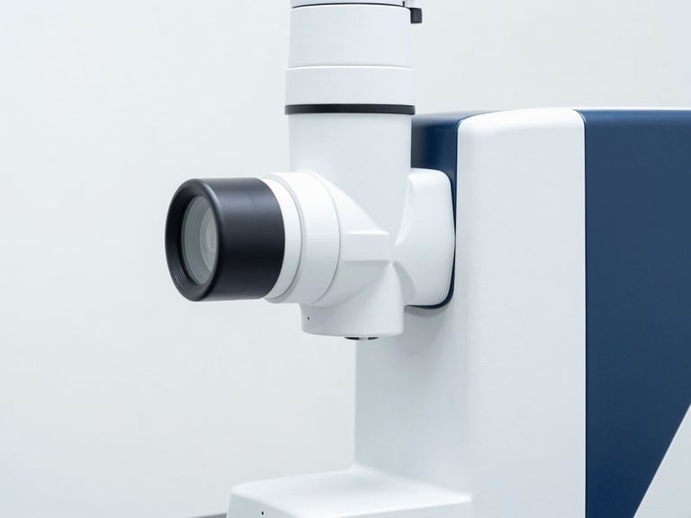 Macro detail of modern medical diagnostic equipment, high-key studio lighting, crisp white and navy tones, clean clinical aesthetic.
