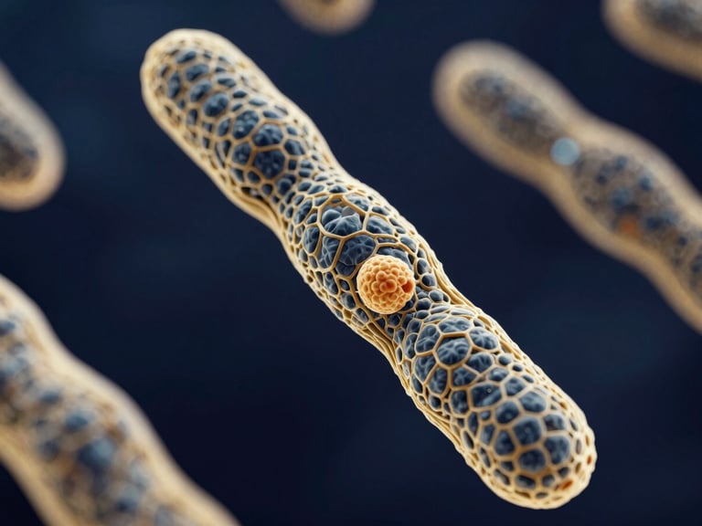 Crisp 3D scientific render of chromatin-level molecular structures, high-contrast dark-field microscopy lighting, deep navy background with gold accents, macro focus