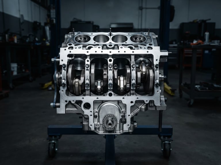 Straight-on technical product shot of a clean, rebuilt engine block on an industrial stand, cool metallic studio lighting, high-contrast silver and dark grey tones, sharp focus, 50mm lens