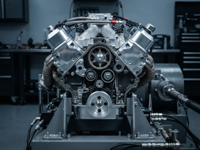 Straight-on technical product shot of a pristine, rebuilt V8 engine block mounted on a clean steel dyno-testing rig in a cool-toned workshop, sharp focus on metallic gears and polished valve covers.