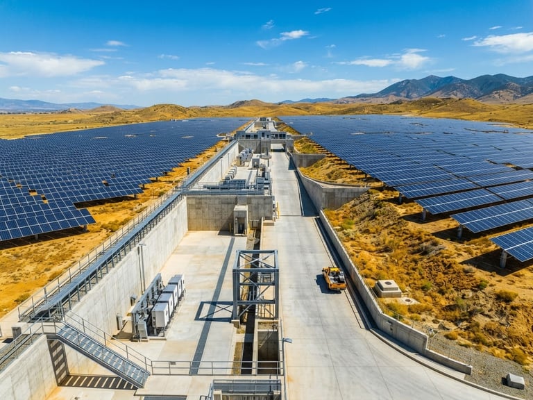 Wide-angle architectural perspective of a massive industrial solar installation integrated with clean concrete civil works, bright natural daylight, high-contrast blue and mustard tones.
