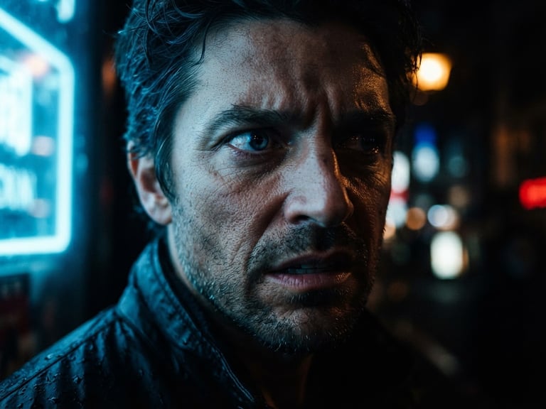 Extreme close-up of a tense face illuminated by neon blue and amber light, deep shadows, raw dramatic emotion, cinematic 9:16 vertical framing.