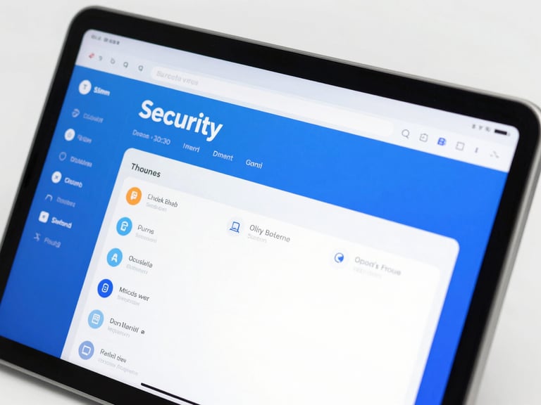 Close-up on a modern tablet screen displaying a clean security dashboard, sharp focus, cool studio lighting, slate and electric blue tones