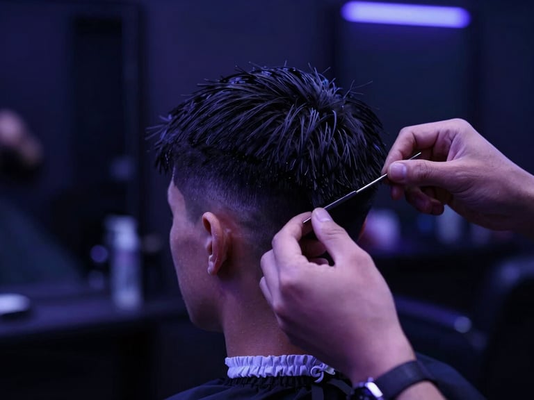 Macro shot of a stylist detailing a sharp haircut in a sleek dark salon, dramatic low-key neon lighting with deep indigo highlights, 35mm