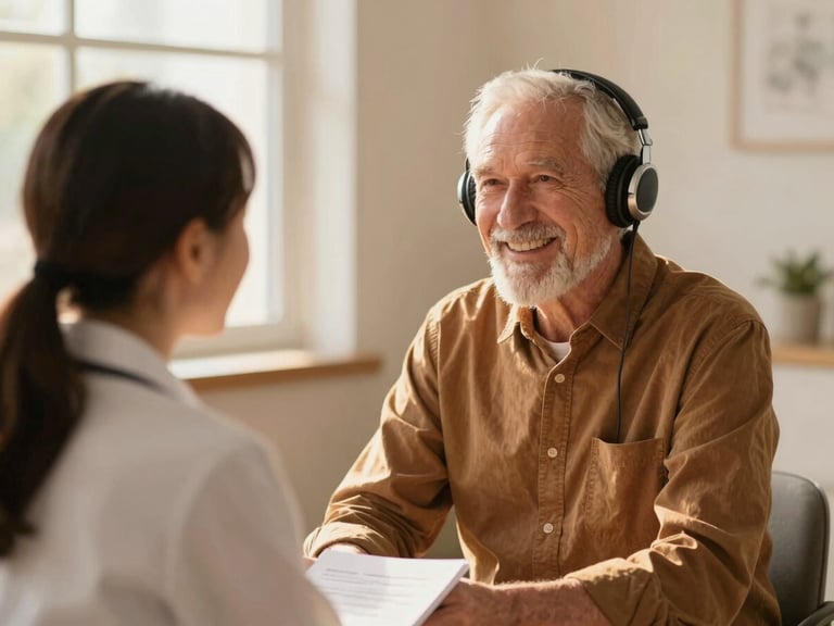 Elderly man interacting with a friendly audiologist, both smiling, in a comfortable, well-lit setting, warm lifestyle photography.