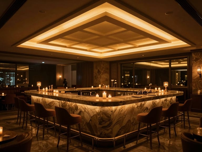 Wide architectural angle of the empty, amber-lit lounge of Madhu Shala, showing the glowing geometric false ceiling and premium marble bar counter, moody editorial photography, warm amber candlelight, deep shadows, 35mm shallow depth of field.