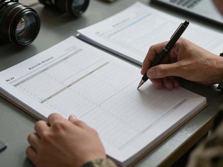 Close-up of disciplined hands organizing printed study sheets and a structured weekly planner on a dark desk surface under sharp directional light, military-grade precision visible in the arrangement, deep shadows framing the materials