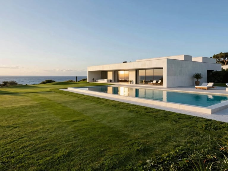 Wide-angle architectural elevation of a modern white concrete villa on a golf course, manicured green grass in the foreground, infinity pool reflecting the golden morning light, deep blue Mediterranean sea in the background.