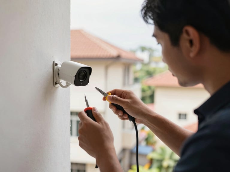Teknisi sedang memasang kamera CCTV di dinding luar bangunan, fokus pada tangan dan alat, latar belakang bangunan rumah atau kantor, pencahayaan siang hari.