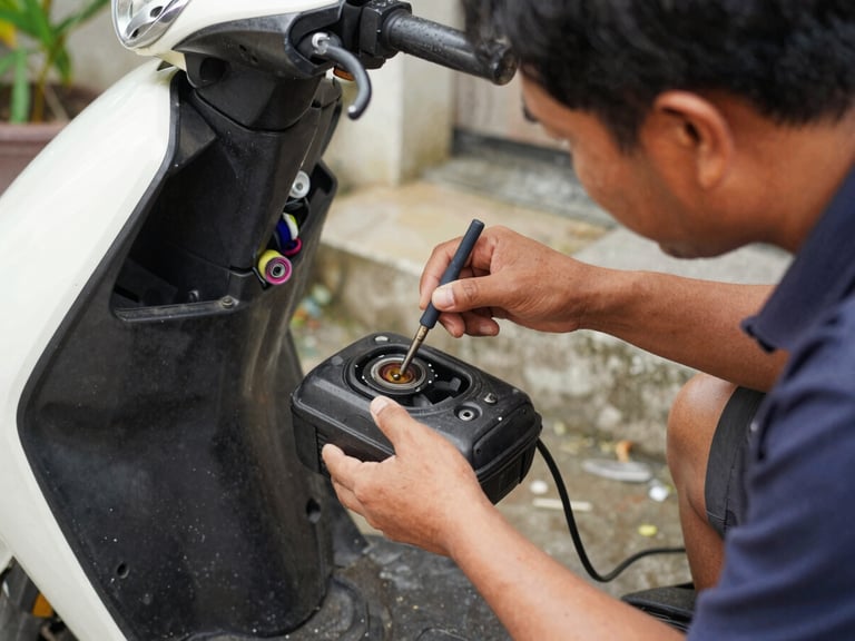 Teknisi sedang memeriksa baterai atau motor listrik skuter listrik yang terangkat, tangan memegang alat, di halaman rumah, pencahayaan alami, suasana otentik Indonesia.