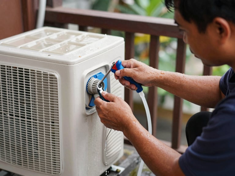Teknisi sedang membersihkan unit AC outdoor di balkon rumah, fokus pada tangan yang memegang selang air bertekanan, pencahayaan alami, suasana otentik Indonesia.