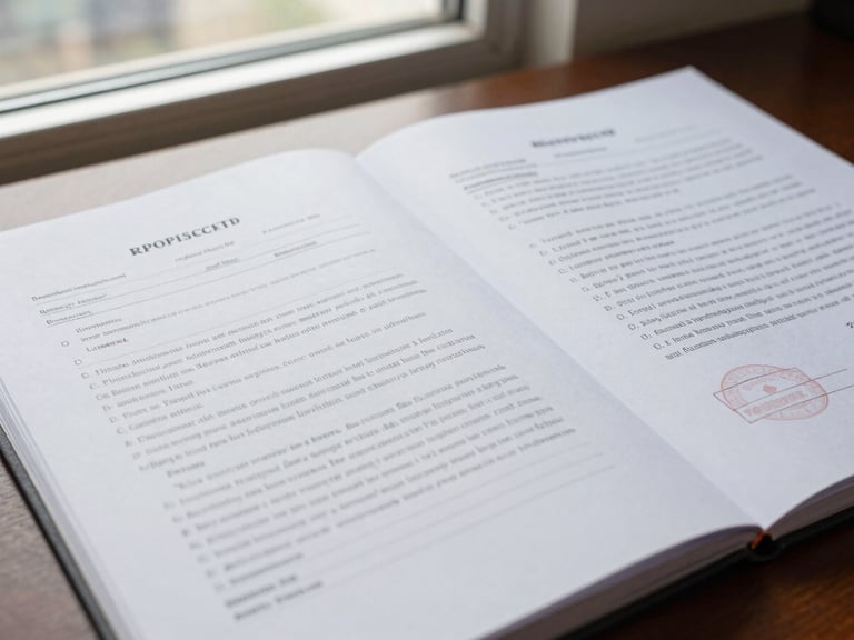 Close detail of a legal case file open on a desk, handwritten case notes and stamped court documents, natural office window light, no people, precise and formal
