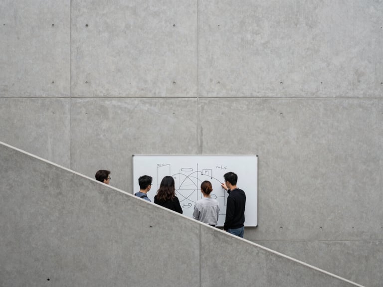 Candid shot of a small group analyzing a complex diagram on a whiteboard, unposed, diffused daylight.