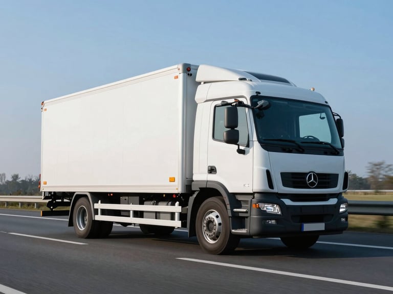 Low-angle dynamic tracking shot of a modern white refrigerated delivery truck in motion on a Dutch highway, crisp morning daylight, cool blue tones, sharp focus