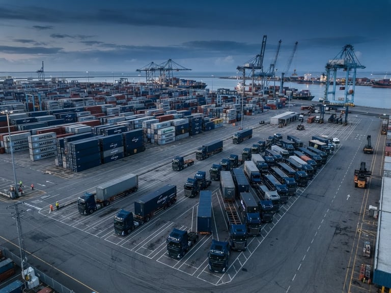 High-angle shot of organized shipping container terminal with clean modern fleet trucks parked in precise rows, cool morning daylight, deep navy tones.