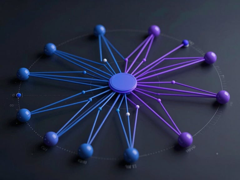 Abstract vector diagram of a node-based data routing network with indigo and violet paths, clean UI metrics overlay, dark background, technical editorial style.