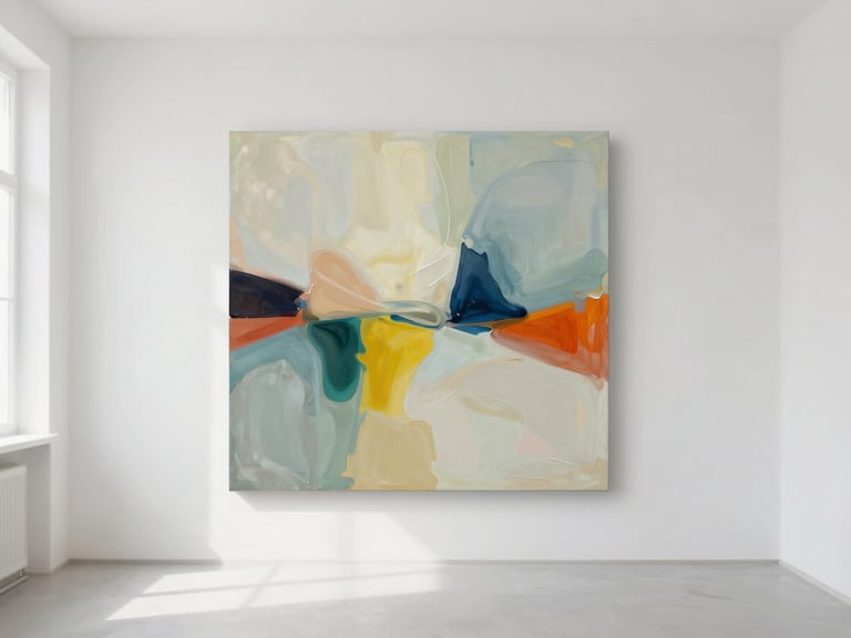 Abstract painting with soft, flowing colors, representing emotional release, in a bright, airy room with natural light.