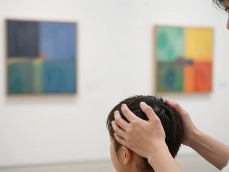 Close-up of hands gently holding a client's head, soft natural daylight, minimalist setting, focus on the gentle touch, serene atmosphere.