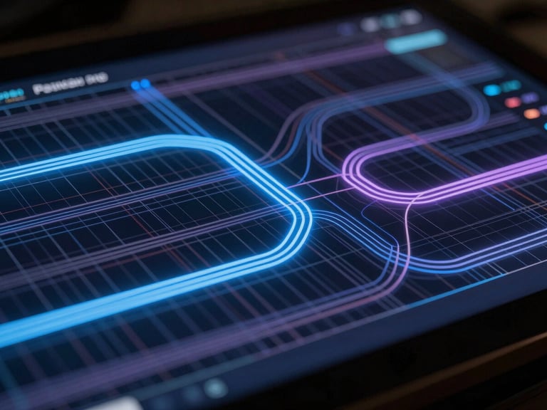 Abstract data flow visualization showing bright electric blue and muted violet data streams routing through a structured grid, high-contrast digital interface mockup, dark-room ambient lighting.