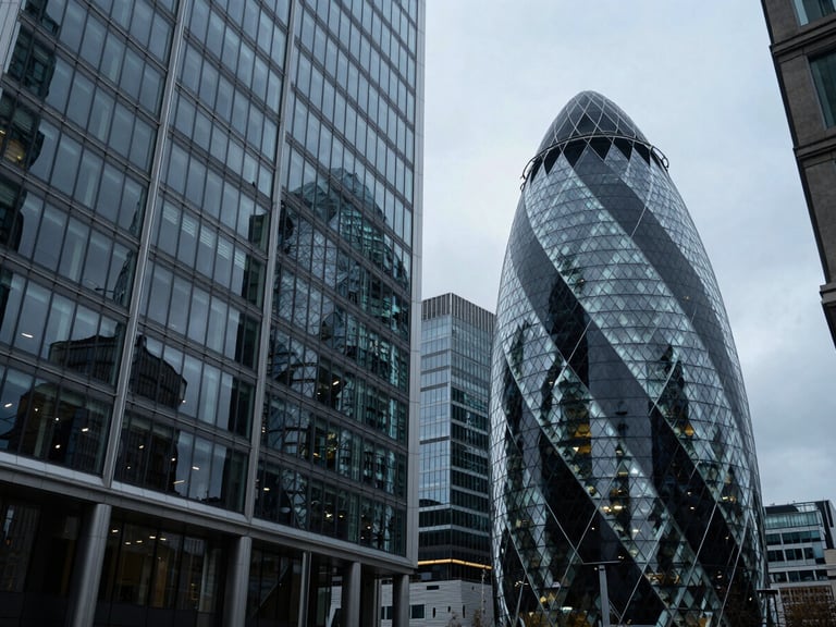 Wide-angle architectural perspective of a modern financial center in London, cool overcast daylight, sharp geometric glass reflections, deep blue and charcoal tones