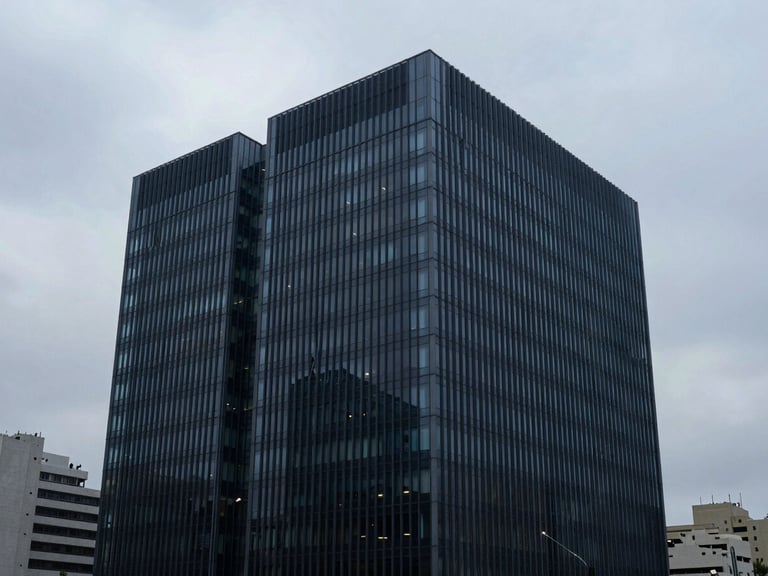 Architectural perspective of a modern financial district building in Santiago, sharp shadows, overcast daylight, 35mm lens