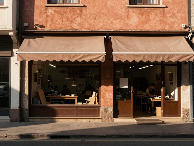 Wide environmental shot of a Van commercial street, warm late-afternoon light, shopfront awnings casting long shadows on the pavement, a craftsperson visible through an open workshop door in the right third, earthy terracotta and ochre tones, documentary street photography style