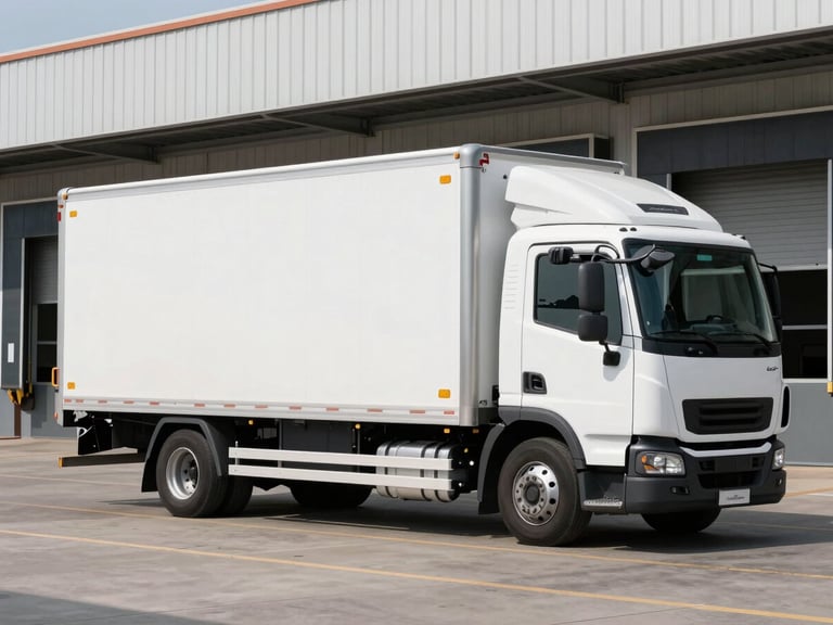 Wide-angle side view of a pristine, modern white refrigerated logistics truck parked at an industrial loading dock, clean daylight, sharp metallic details, professional B2B food distribution environment.