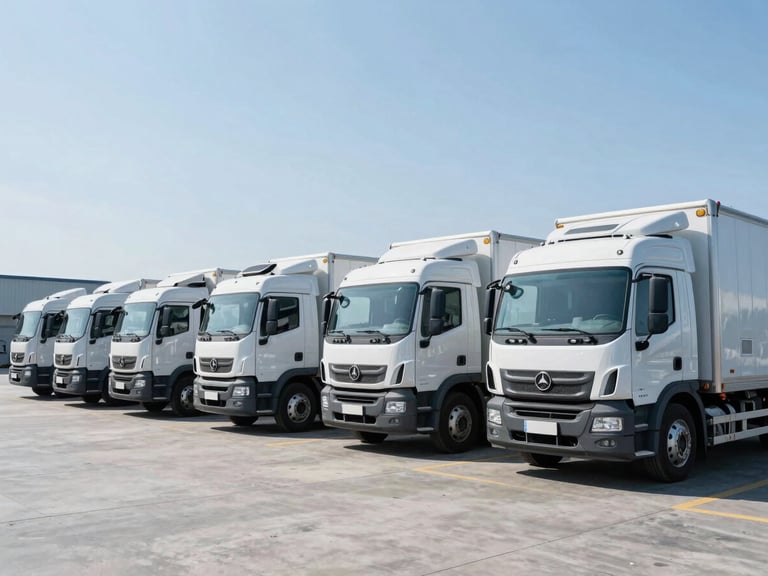 Wide-angle environmental shot of a modern refrigerated transport fleet parked neatly in a pristine distribution center under crisp daylight, cold steel blue tones.