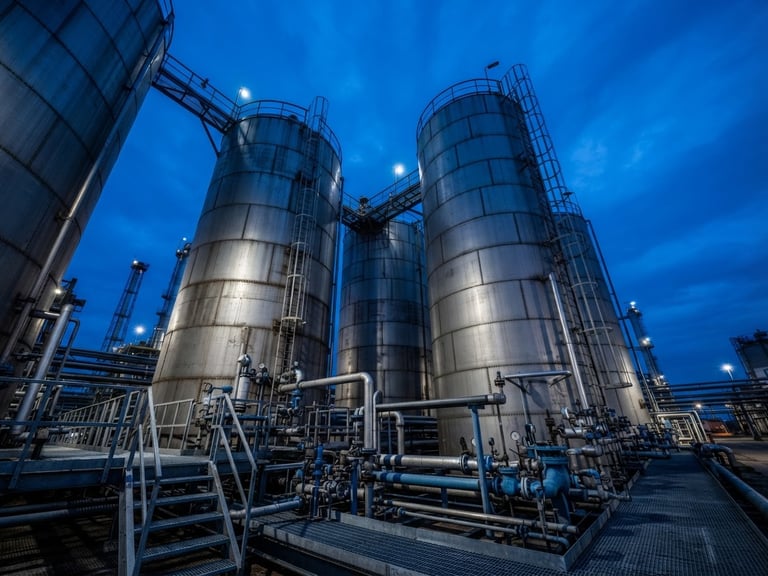 Sharp low-angle industrial photography of massive steel petrochemical storage tanks under bright daylight, clean steel lines, deep blue sky, wide-angle lens.