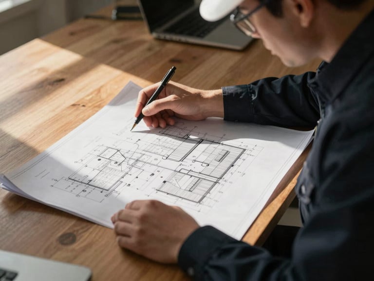 A professional site supervisor in a dark uniform reviewing technical blueprints on a wooden table, high-contrast natural light casting dramatic shadows.