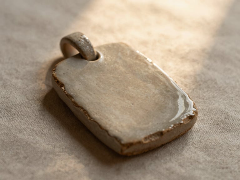 Close-up of a unique stoneware pendant with a raw clay edge, resting on textured linen, warm diffused light, rich earthy tones.