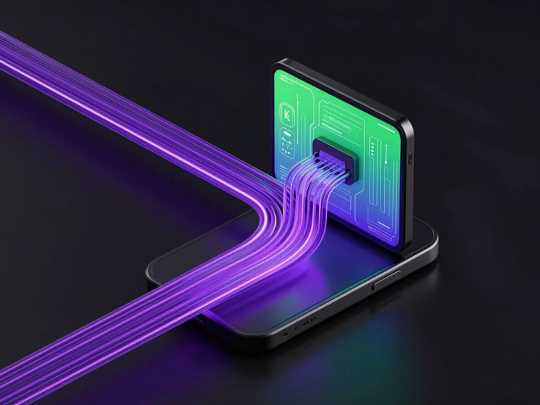 Sleek 3D render of glowing cyber violet data pipelines flowing into an isometric mobile device screen, dark high-contrast ambient lighting, ultra-detailed tech aesthetic