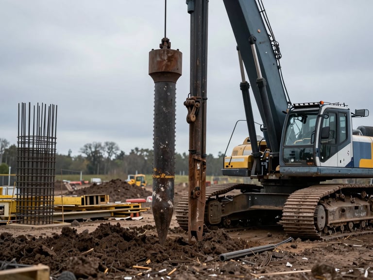Close-up of a heavy drilling rig boring a foundation pile into dark Lithuanian soil, steel reinforcement cages stacked nearby, overcast morning light, sharp focus.