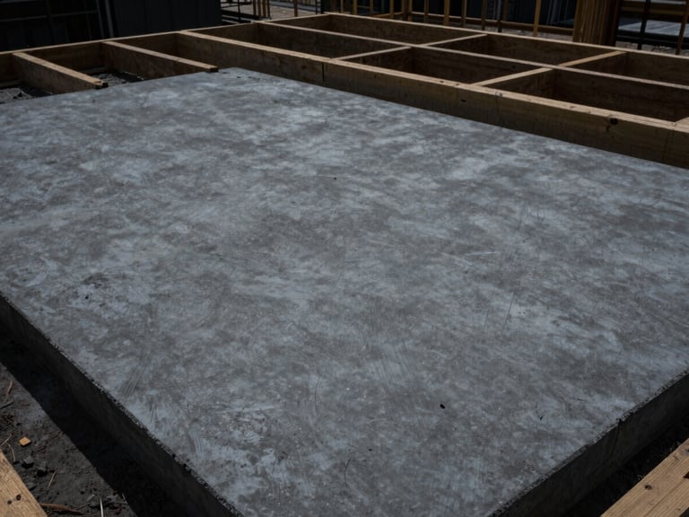 High-angle shot of a completed flat concrete foundation slab, smooth gray surface, structural timber framing starting on top, dramatic low-key natural lighting.