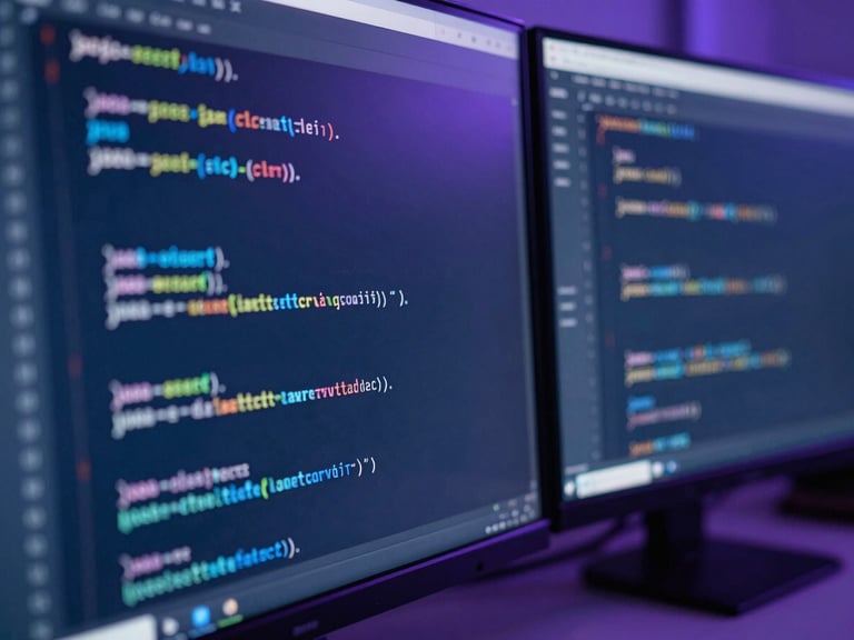Macro close-up of clean, structured Java code on a dual-monitor setup in a cool-toned modern office, subtle blue and violet ambient reflections, shallow depth of field, 35mm