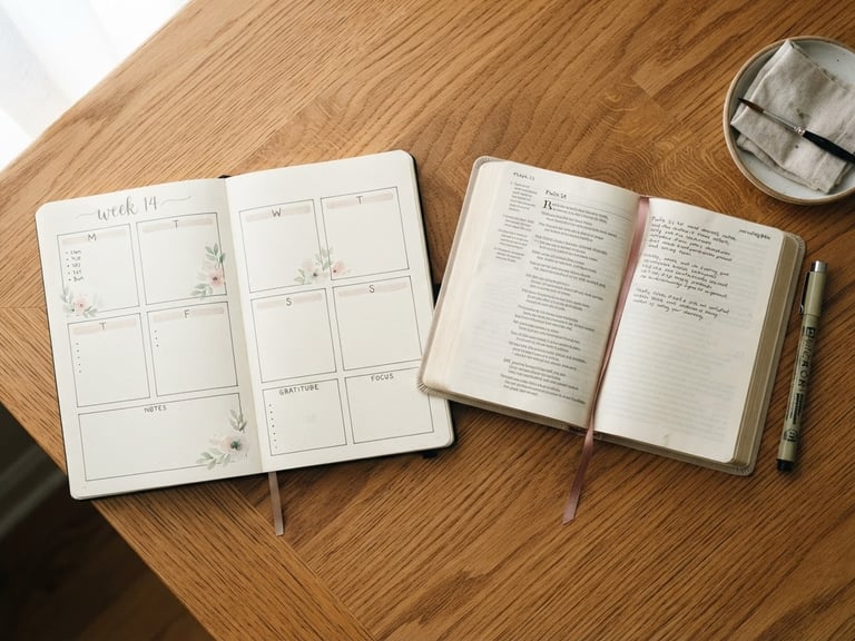 Overhead flat-lay of a printed journaling layout resting on a warm wooden desk beside an open Bible, soft morning window light, gentle shadows.