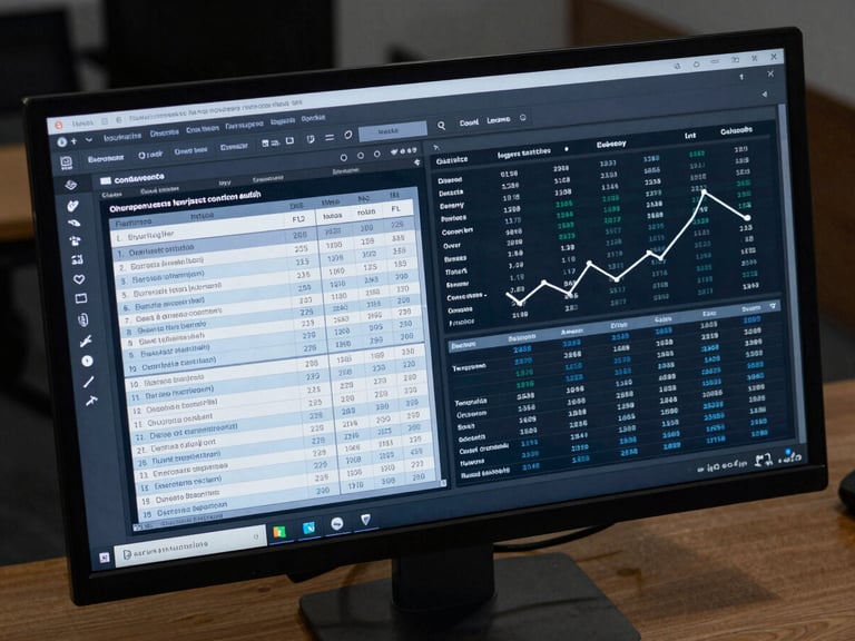 Close overhead view of a procurement dashboard on a large monitor, showing factory search results, order status columns, and a production milestone timeline, all rendered in a clean dark-mode UI with steel blue data highlights, even studio lighting, no people