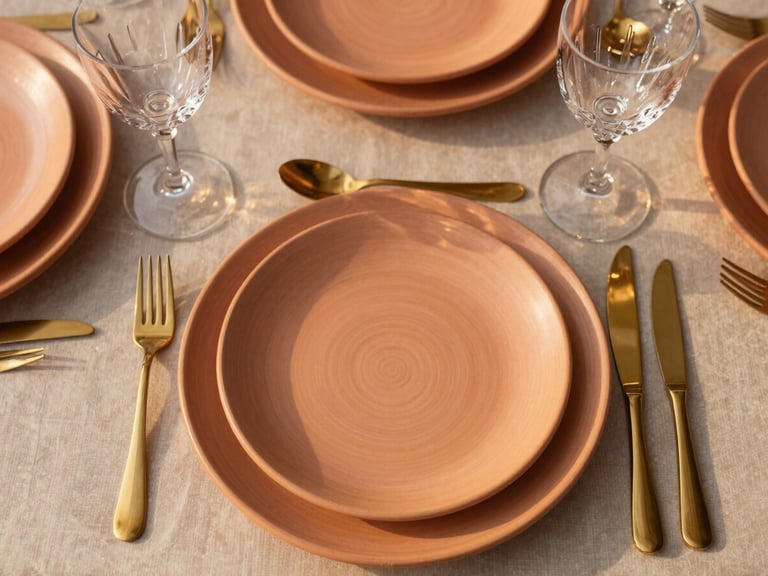 Overhead flatlay of a luxury table setting with textured terracotta plates, gold cutlery, and crystal glasses, warm natural golden-hour light