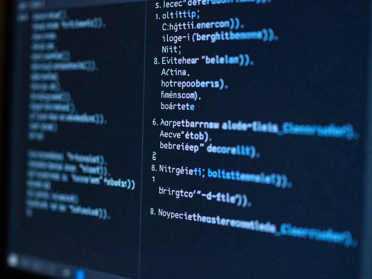 Macro close-up of a dark developer monitor displaying structured code lines, sharp electric blue highlights, high-contrast cool studio lighting, minimalist tech photography