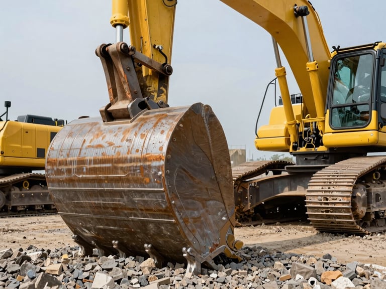 Low-angle daylight shot of a massive heavy excavator bucket digging into gravel, high-contrast metallic textures, vivid safety yellow paint, active industrial site, 35mm lens
