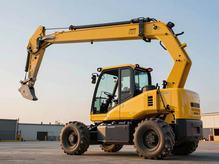 Sharp industrial photography of a modern safety-yellow telehandler fully extended, dramatic low-angle golden hour lighting, clean active construction background, 35mm lens