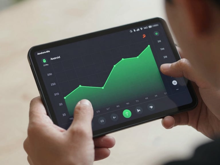 A close-up over-the-shoulder view of a user adjusting a slider on a dark-mode Android app interface, showing a safety-green growth curve on a clean grid, natural diffused light.