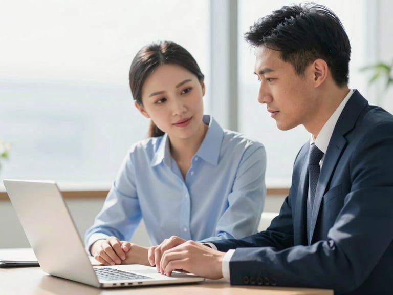 bright modern commercial photography, two professionals having a calm discussion over a laptop, bright natural daylight, 35mm