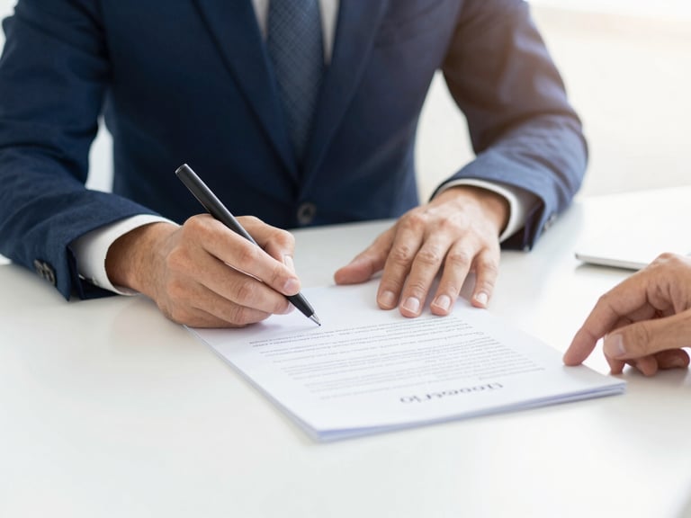 bright modern commercial photography, close-up of confident hands signing a document on a bright white desk, soft natural daylight, 35mm