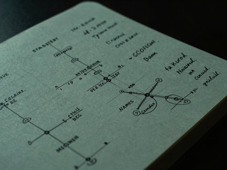 Close-up editorial photo of a physical notebook with dense strategic diagrams and handwritten notes, low-key directional light, 35mm, deep forest green and charcoal tones.